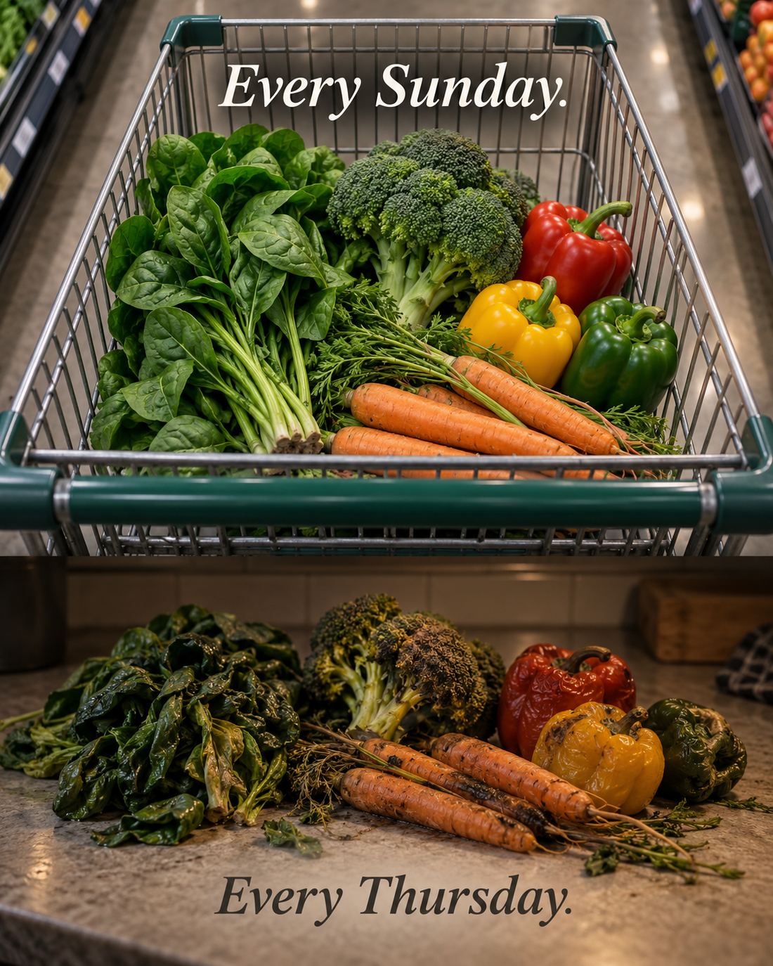 Full grocery cart on Sunday versus wilted vegetables by Thursday