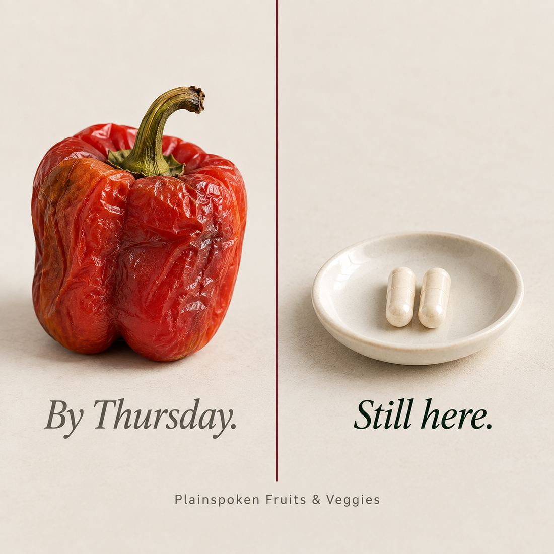 Withered red pepper on the left, two capsules on the right — By Thursday / Still here