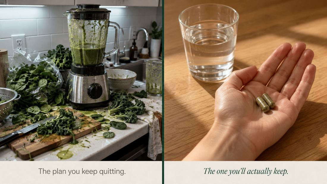 Messy blender on the left, two clean capsules on the right — the plan you keep quitting versus the one you'll actually keep