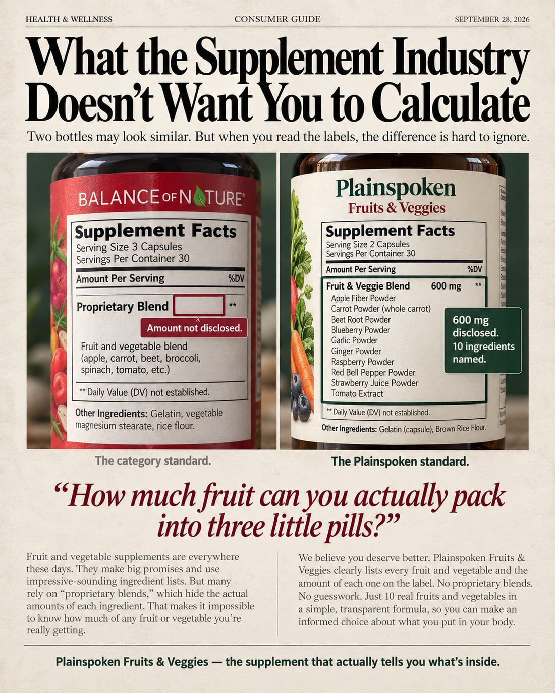 Consumer Guide: What the Supplement Industry Doesn't Want You to Calculate — label comparison between Balance of Nature and Plainspoken
