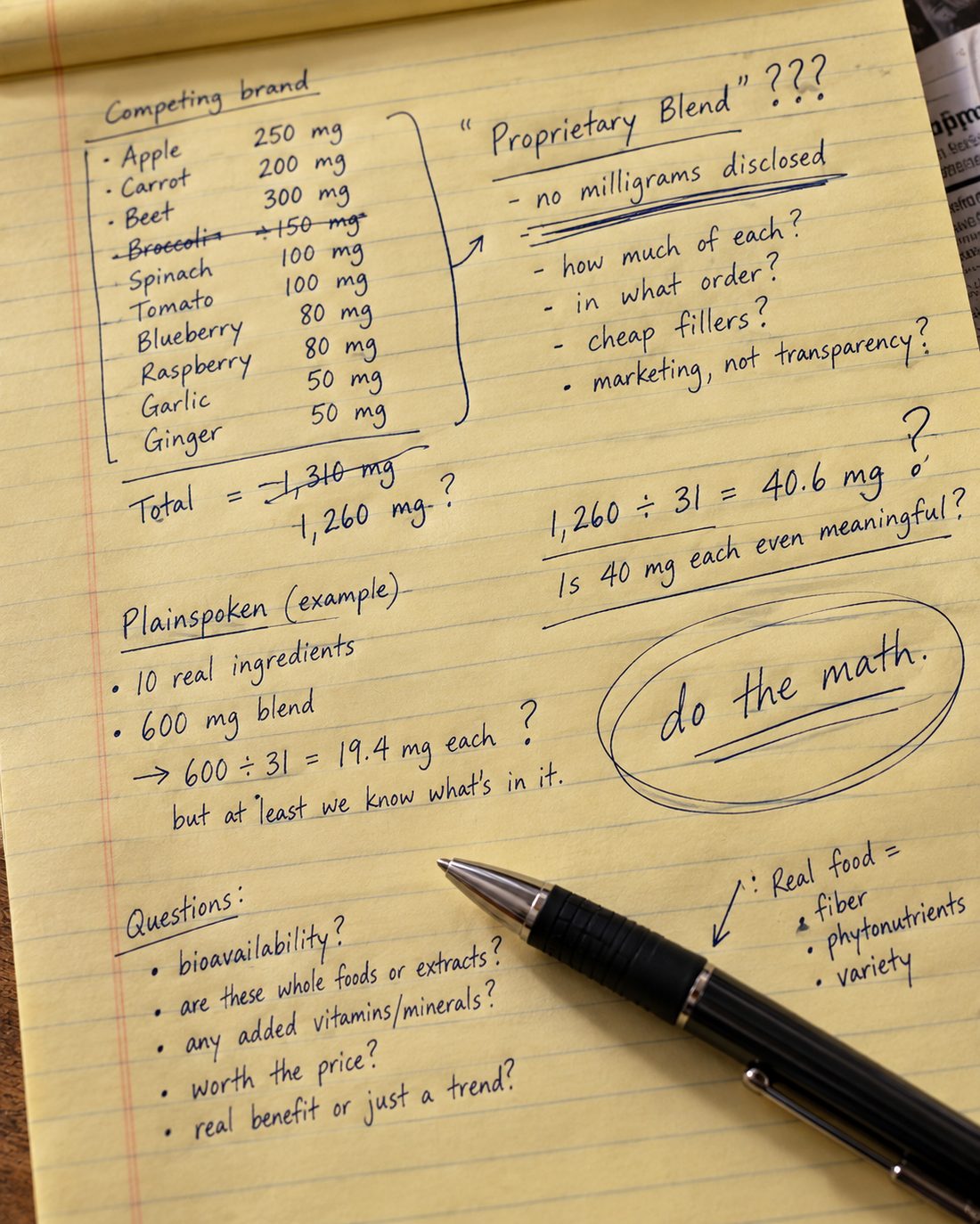 Handwritten research notes comparing proprietary blend math — 1,260mg across 31 ingredients equals 40.6mg each. Plainspoken: 600mg across 10 ingredients. Do the math.