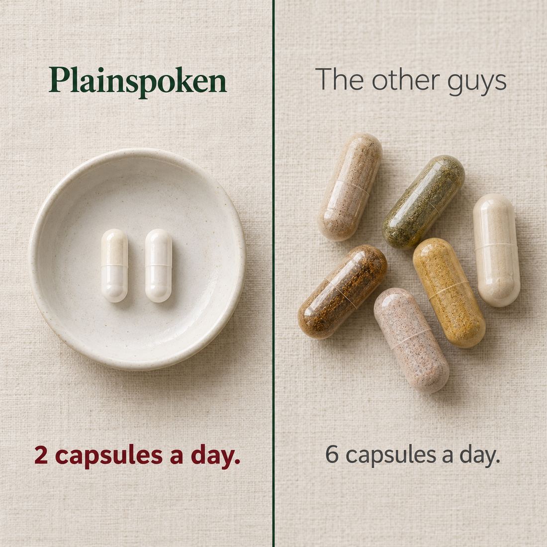 Plainspoken: 2 capsules a day. The other guys: 6 capsules a day.