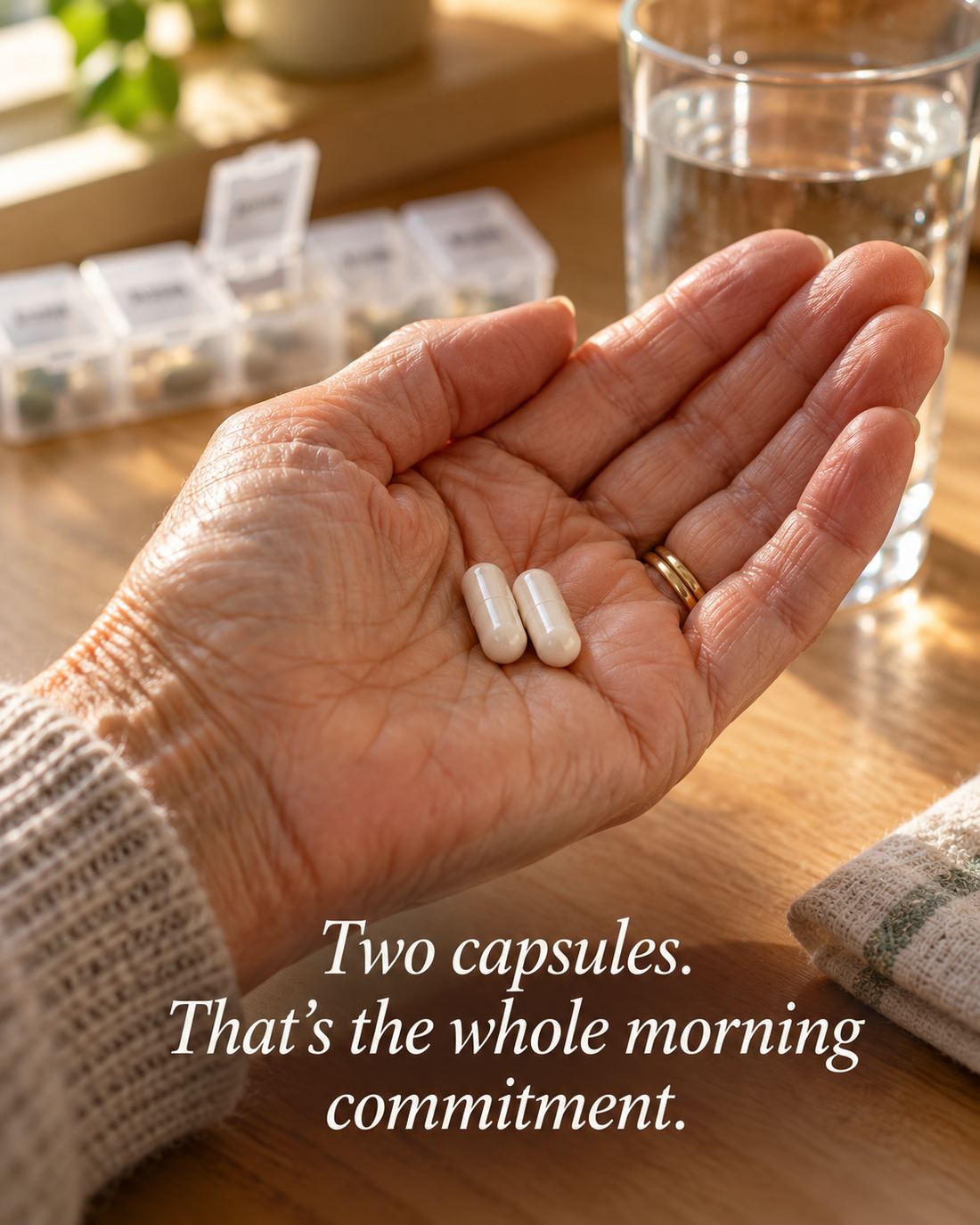 Older woman's hand holding two capsules with pill organizer and glass of water in background — Two capsules. That's the whole morning commitment.