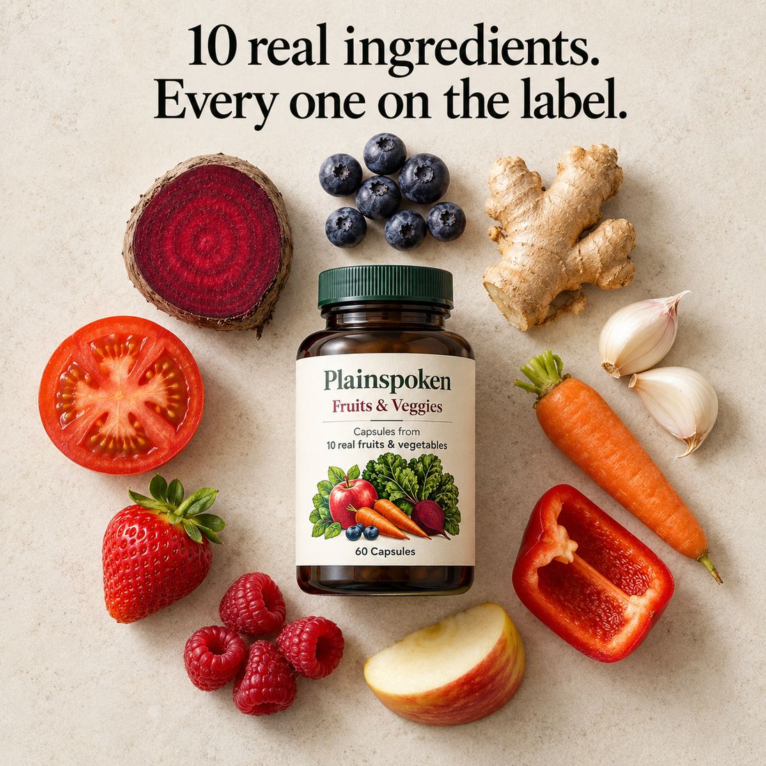 10 real ingredients surrounding the Plainspoken bottle — beet, blueberries, ginger, garlic, tomato, strawberry, carrot, red bell pepper, raspberry, apple