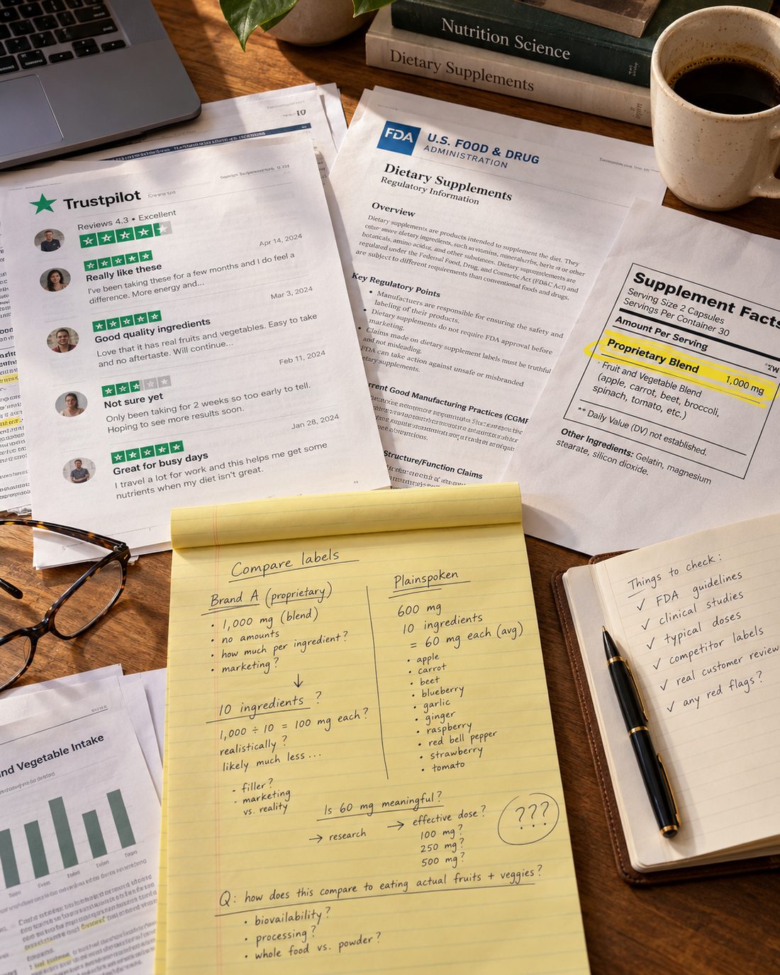 Sandra K.'s research notes — label comparison, FDA document, Trustpilot reviews, handwritten notes