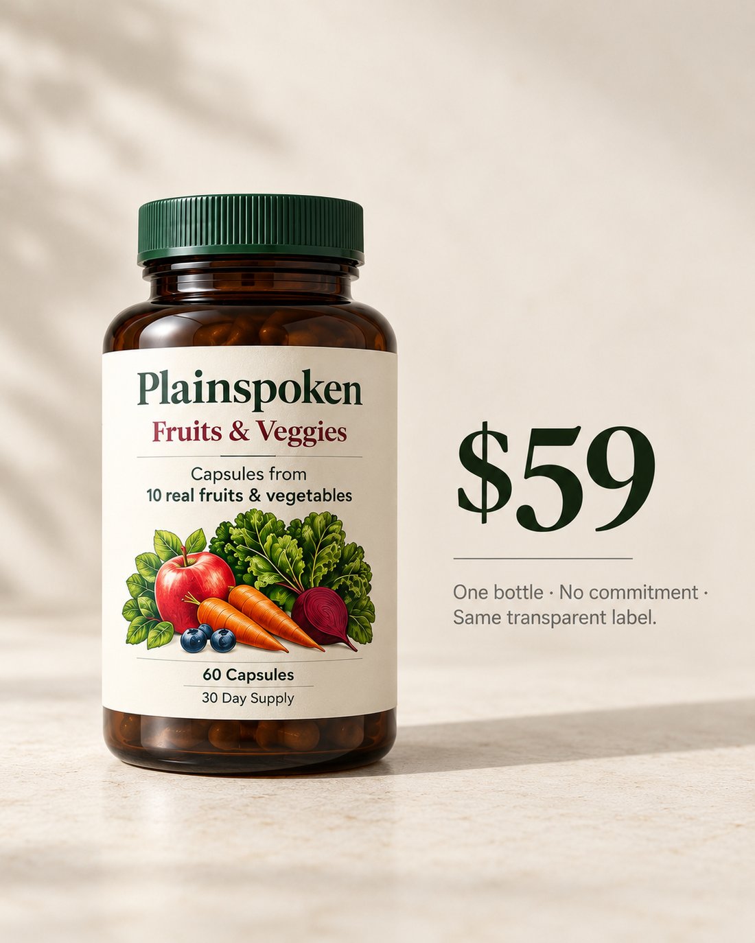 Plainspoken Fruits and Veggies — $59. One bottle. No commitment. Same transparent label.